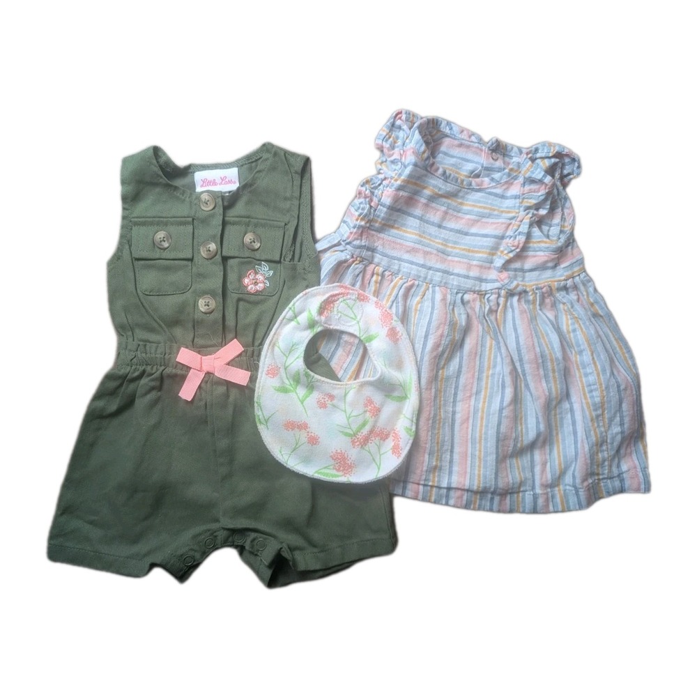 Baby Girl Clothes Lot 0-3 Months Little Lass Romper Carter's Dress & Floral Bib